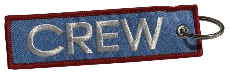"CREW" Embroidered Keychain - White on Light Blue with Red Trim