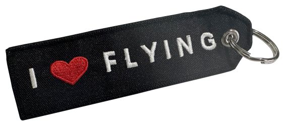 "I Love Flying" Embroidered Keychain - White on Black with Red Hart
